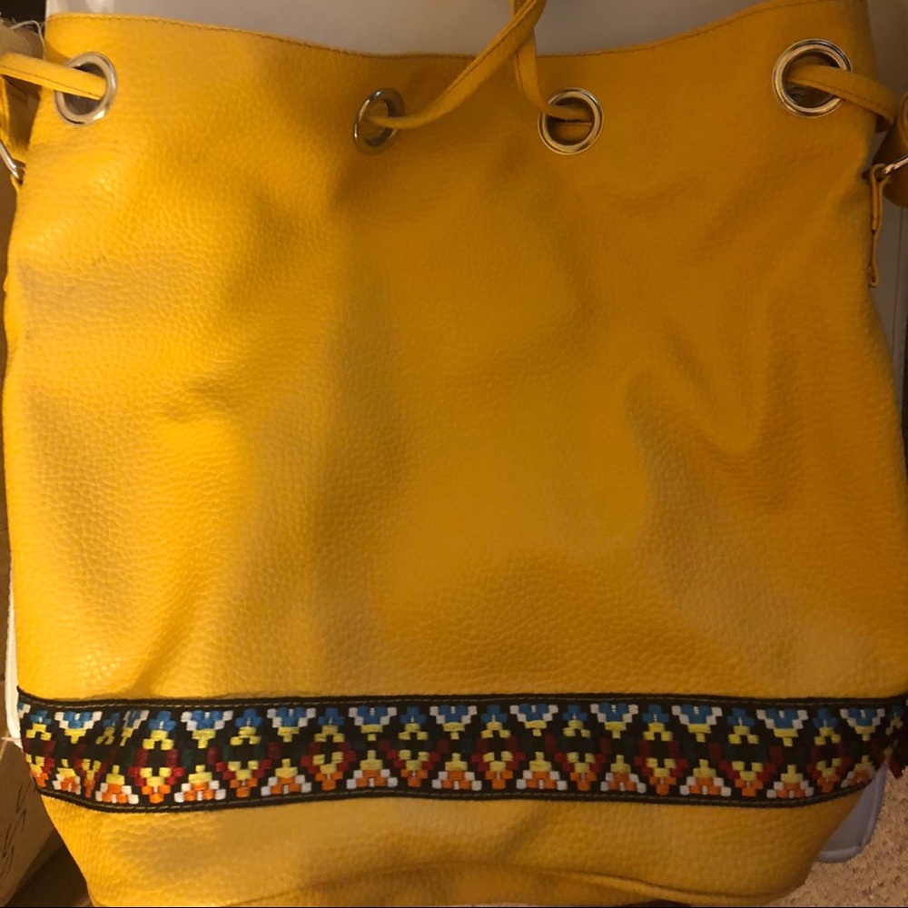 Yellow leather embroidered bucket purse